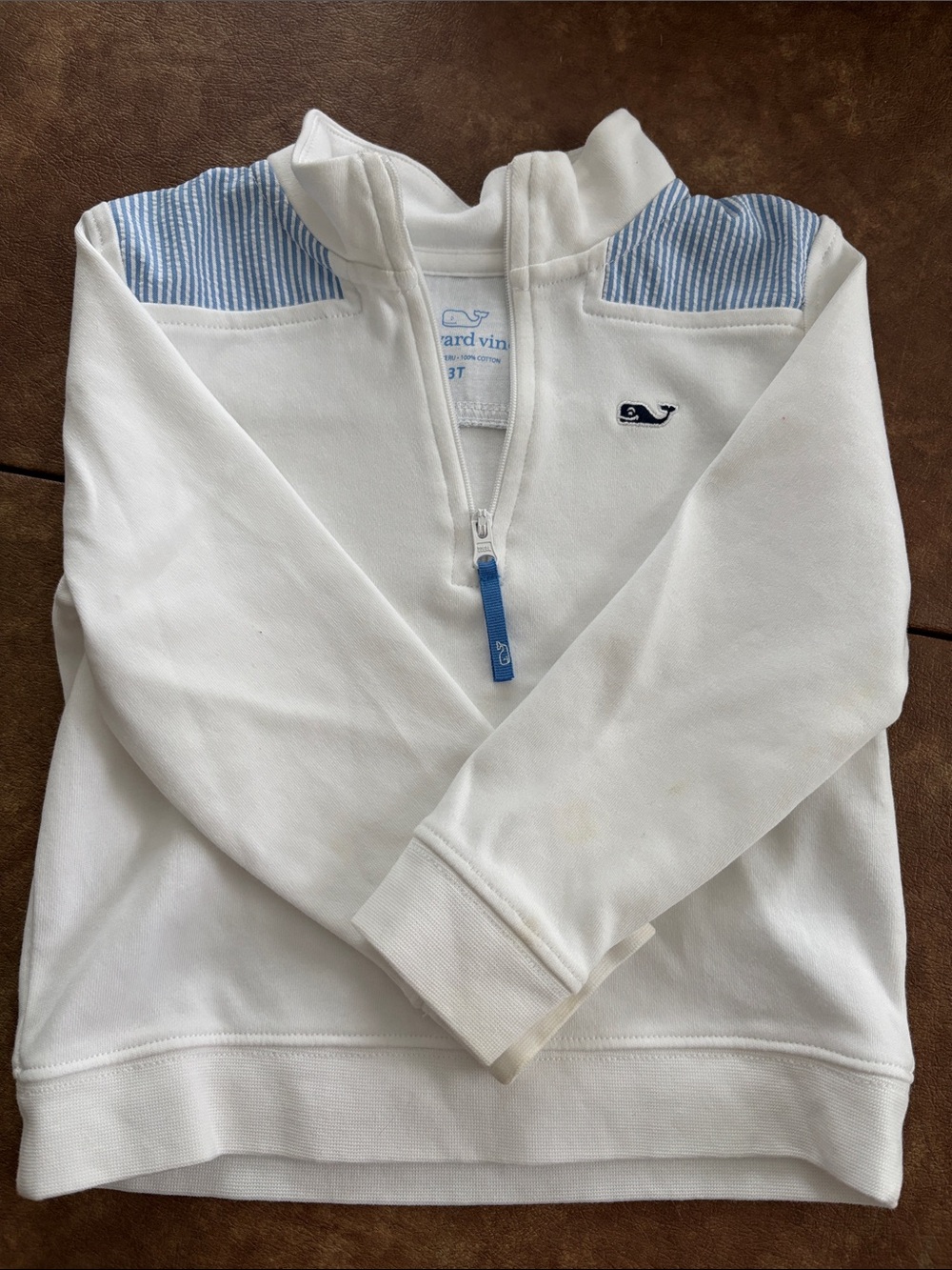 Vineyard Vines White Kids Quarter-Zip with Blue Striped Shoulder Panels
